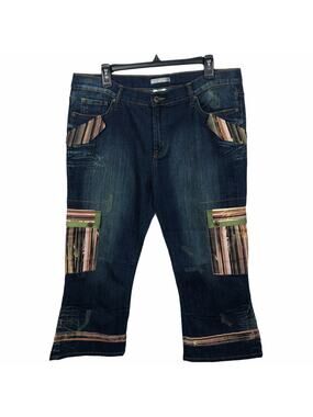 NEW ALBERTO MAKALI Dark Wash Cropped Jeans Striped Cargo Pockets & Trim Sz 14